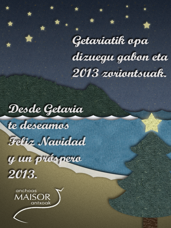 Tarjeta de Navidad de Anchoas Maisor, con paisaje de Getaria tipo scrap booking